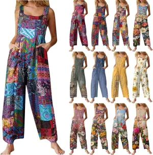 Summer Plus Size Floral Boho Cotton Linen Overalls for Women 2025 Print Wide Leg Jumpsuit Pants Rompers with Pockets