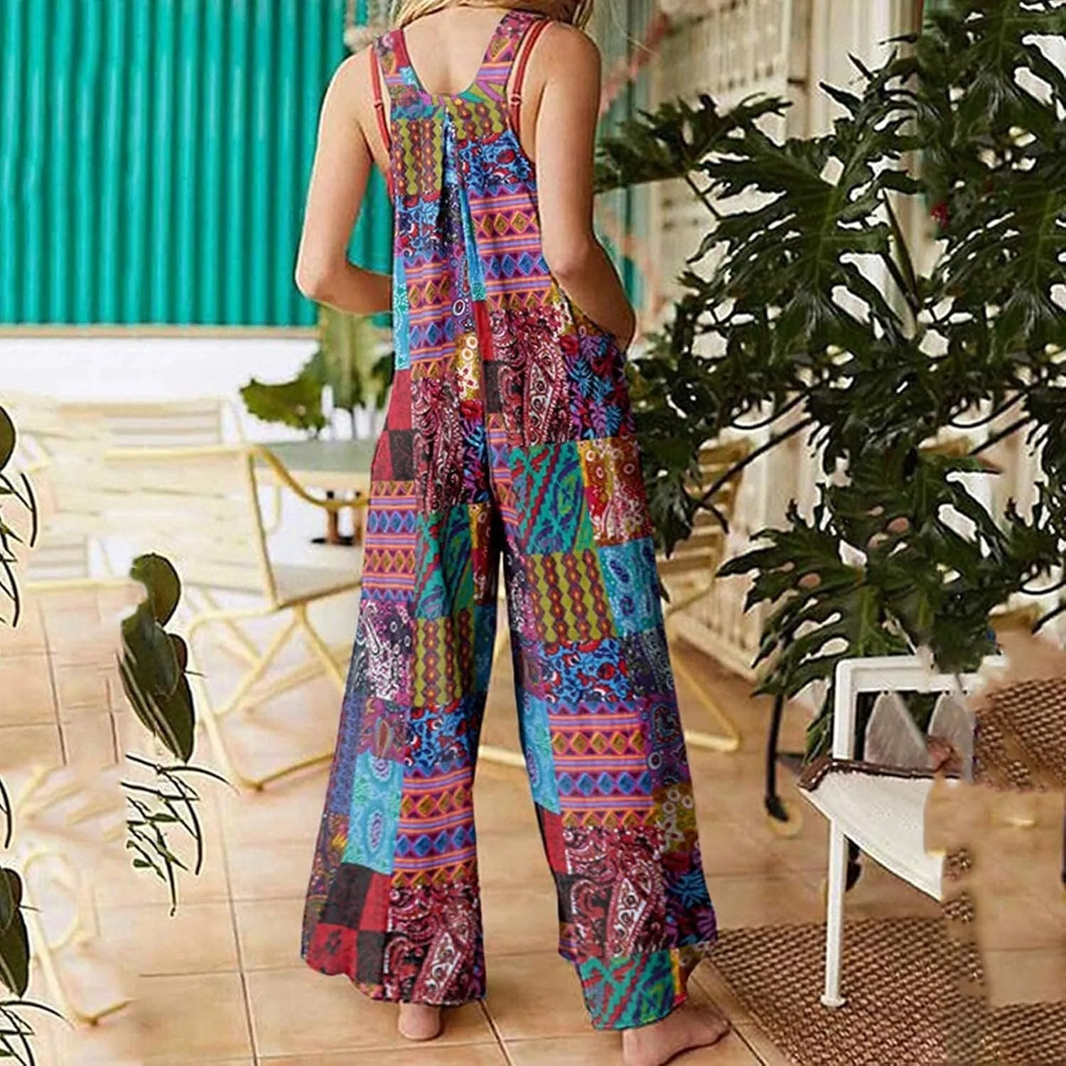 Summer Plus Size Floral Boho Cotton Linen Overalls for Women 2025 Print Wide Leg Jumpsuit Pants Rompers with Pockets
