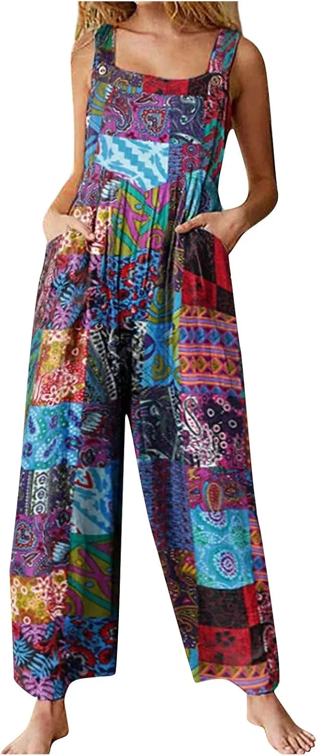 Summer Plus Size Floral Boho Cotton Linen Overalls for Women 2025 Print Wide Leg Jumpsuit Pants Rompers with Pockets