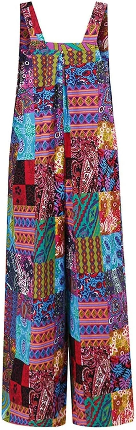 Summer Plus Size Floral Boho Cotton Linen Overalls for Women 2025 Print Wide Leg Jumpsuit Pants Rompers with Pockets