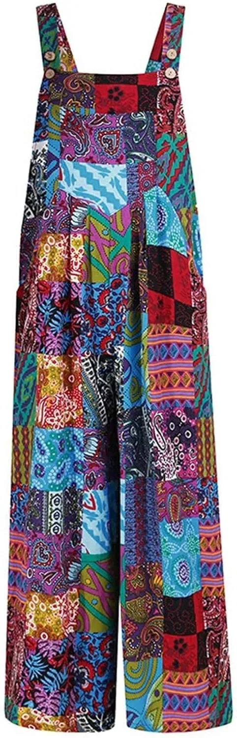 Summer Plus Size Floral Boho Cotton Linen Overalls for Women 2025 Print Wide Leg Jumpsuit Pants Rompers with Pockets