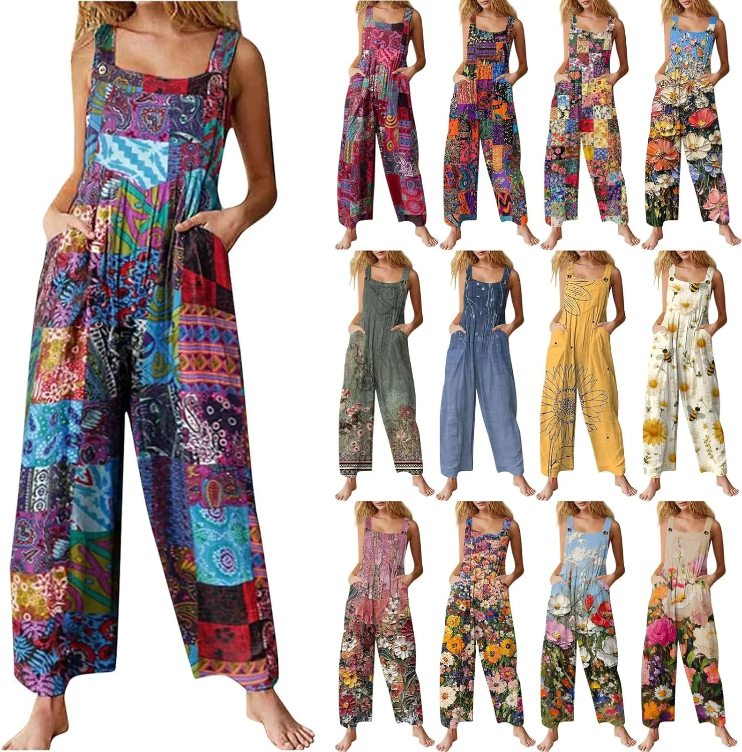 Summer Plus Size Floral Boho Cotton Linen Overalls for Women 2025 Print Wide Leg Jumpsuit Pants Rompers with Pockets