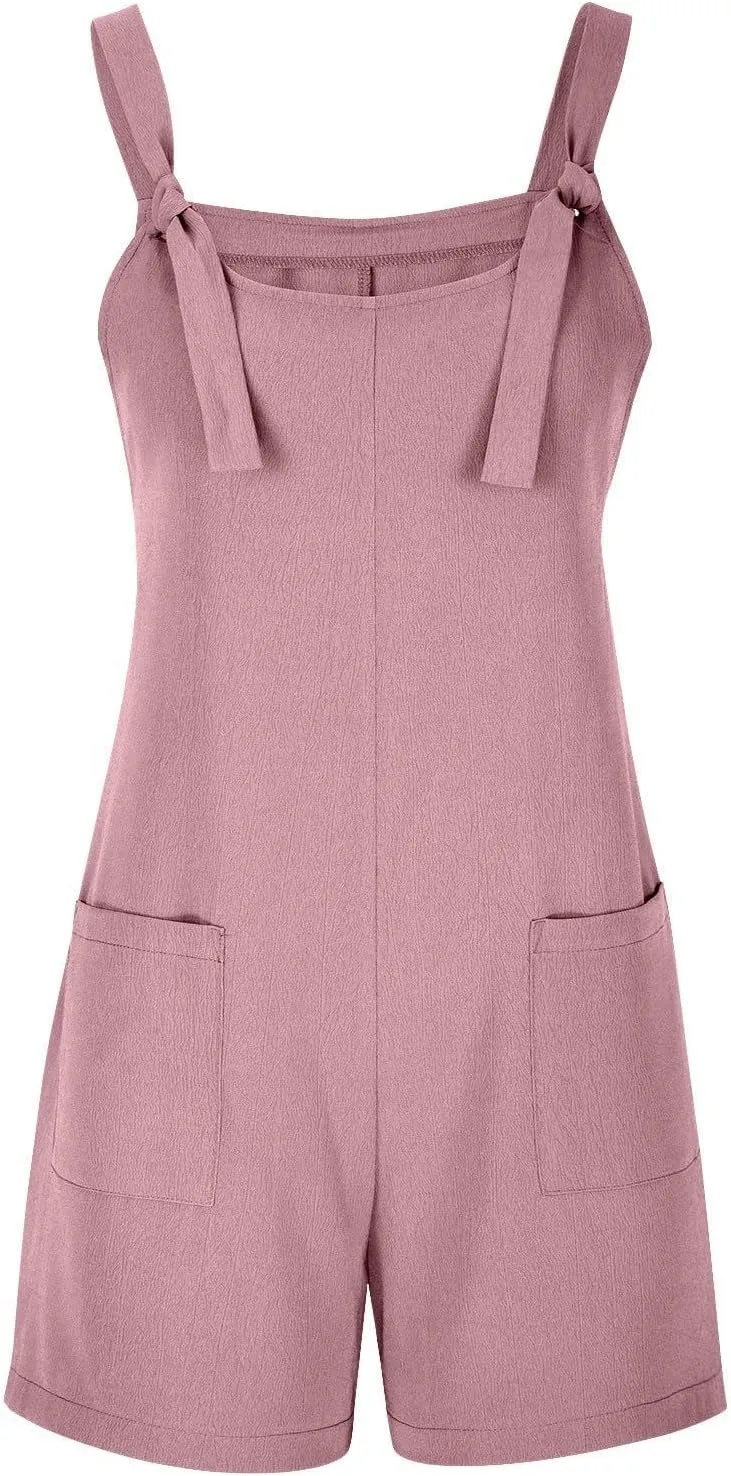 Summer Rompers for Women 2025 Trendy Shorts Romper Loose Fit Casual Sleeveless Tie Knot Strap Jumpsuits with Pockets