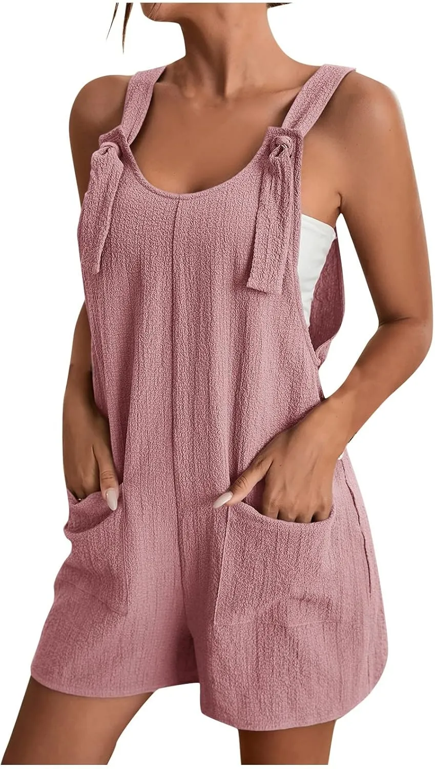 Summer Rompers for Women 2025 Trendy Shorts Romper Loose Fit Casual Sleeveless Tie Knot Strap Jumpsuits with Pockets