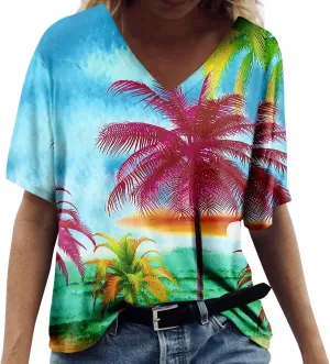 Summer Tops for Women 2024 Short Sleeve Tropical Print V Neck Hawaiian Shirt Holiday Novelty Partys Oversized Tshirts