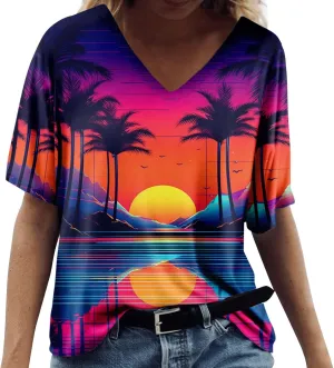 Summer Tops for Women 2024 Short Sleeve Tropical Print V Neck Hawaiian Shirt Holiday Novelty Partys Oversized Tshirts