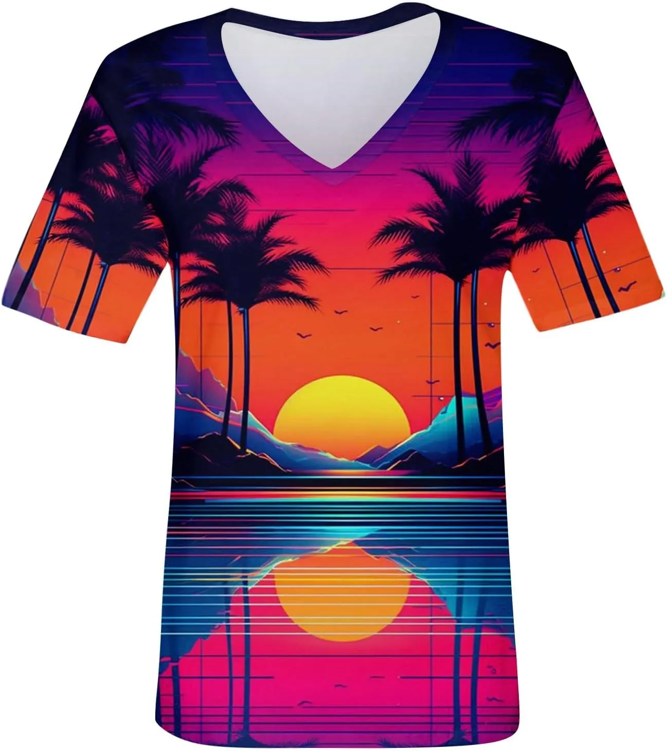 Summer Tops for Women 2024 Short Sleeve Tropical Print V Neck Hawaiian Shirt Holiday Novelty Partys Oversized Tshirts