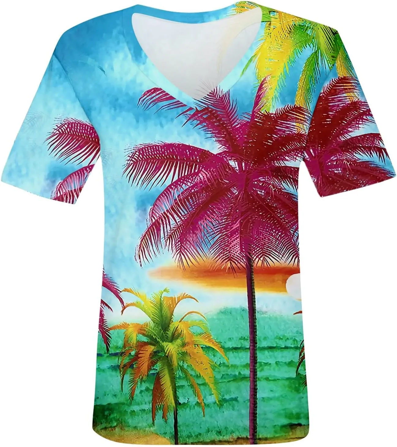 Summer Tops for Women 2024 Short Sleeve Tropical Print V Neck Hawaiian Shirt Holiday Novelty Partys Oversized Tshirts