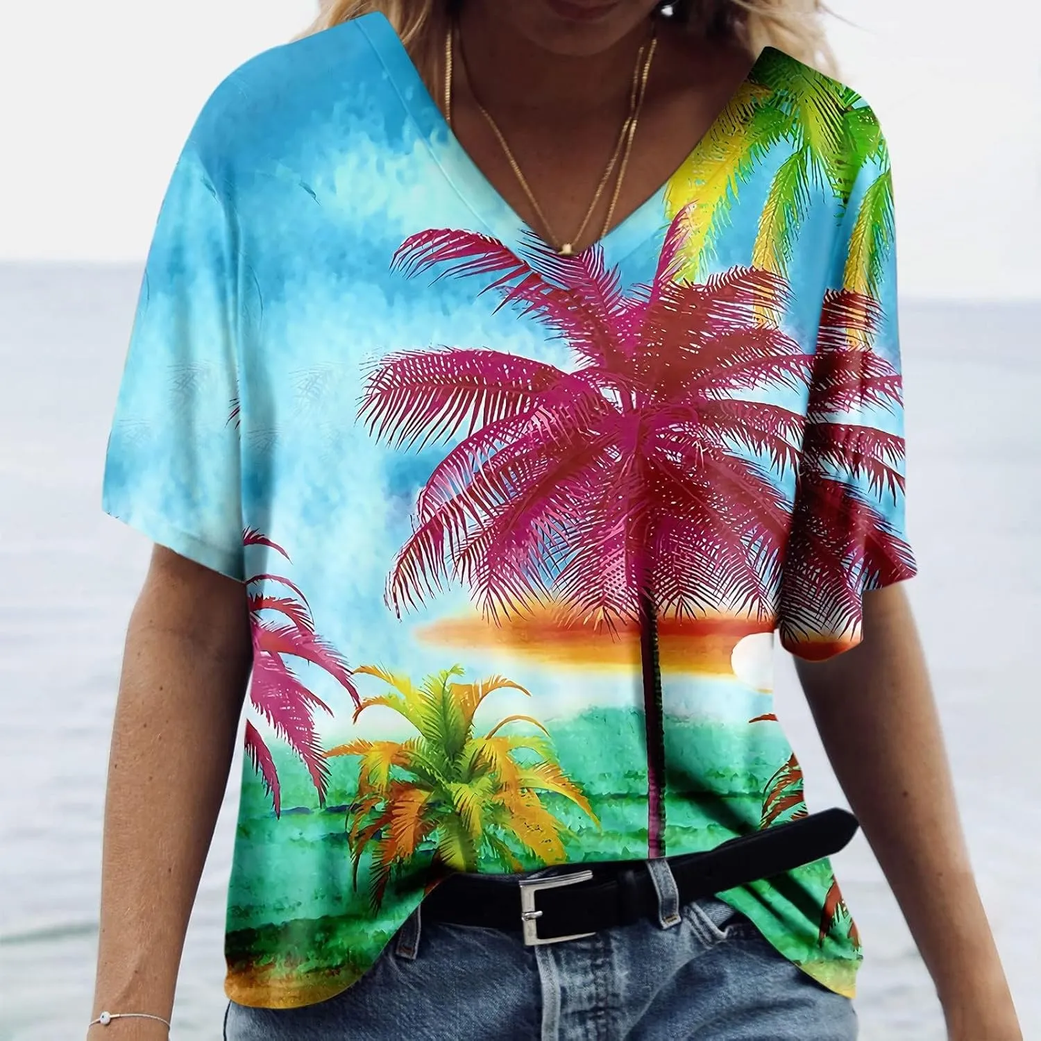 Summer Tops for Women 2024 Short Sleeve Tropical Print V Neck Hawaiian Shirt Holiday Novelty Partys Oversized Tshirts