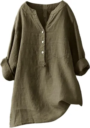 Summer Tops for Women 2025 Casual Cotton Linen Shirts Long Sleeve Solid Color Blouses Loose Work Tops with Pocket