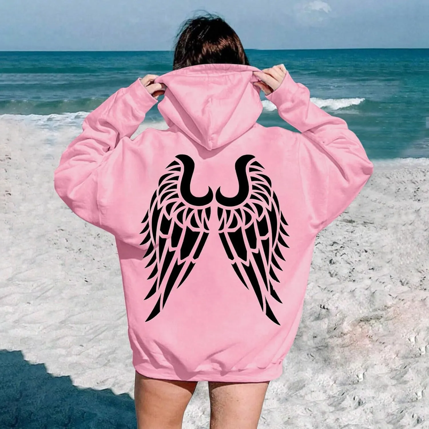 Sweatshirts for Women Graphic Hoodies Angel Wing Graphic Sweatshirt Hooded Fall Long Sleeve Casual Loose Pullover Tops