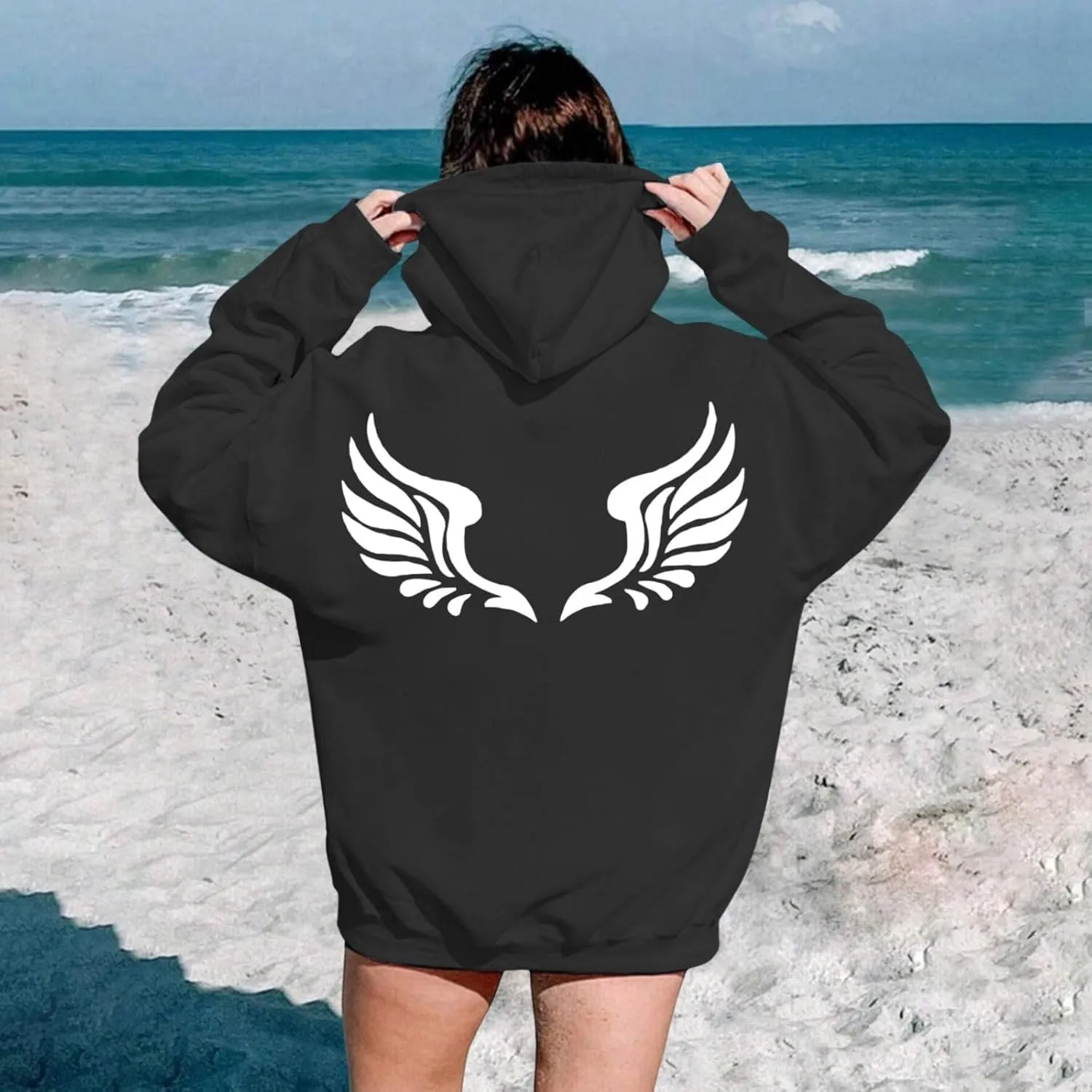 Sweatshirts for Women Graphic Hoodies Angel Wing Graphic Sweatshirt Hooded Fall Long Sleeve Casual Loose Pullover Tops