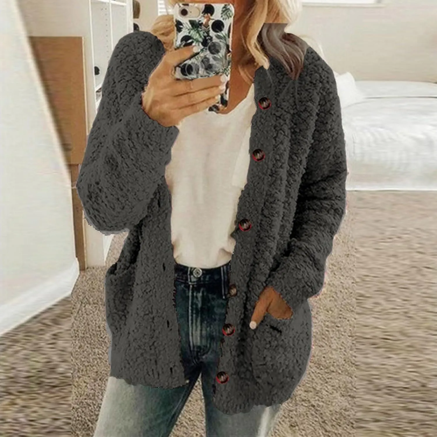 TARIENDY Plus Size Jackets for Women Sherpa Fleece Lined Coats Trendy Workout Casual Outerwear Long Sleeve Button Cardigan