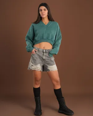 Teal Cropped V-Neck Sweatshirt