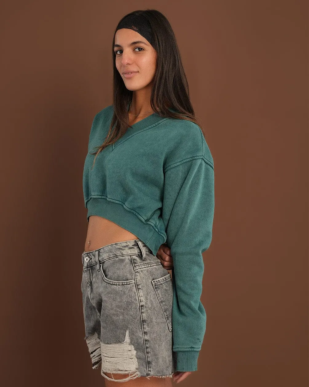 Teal Cropped V-Neck Sweatshirt