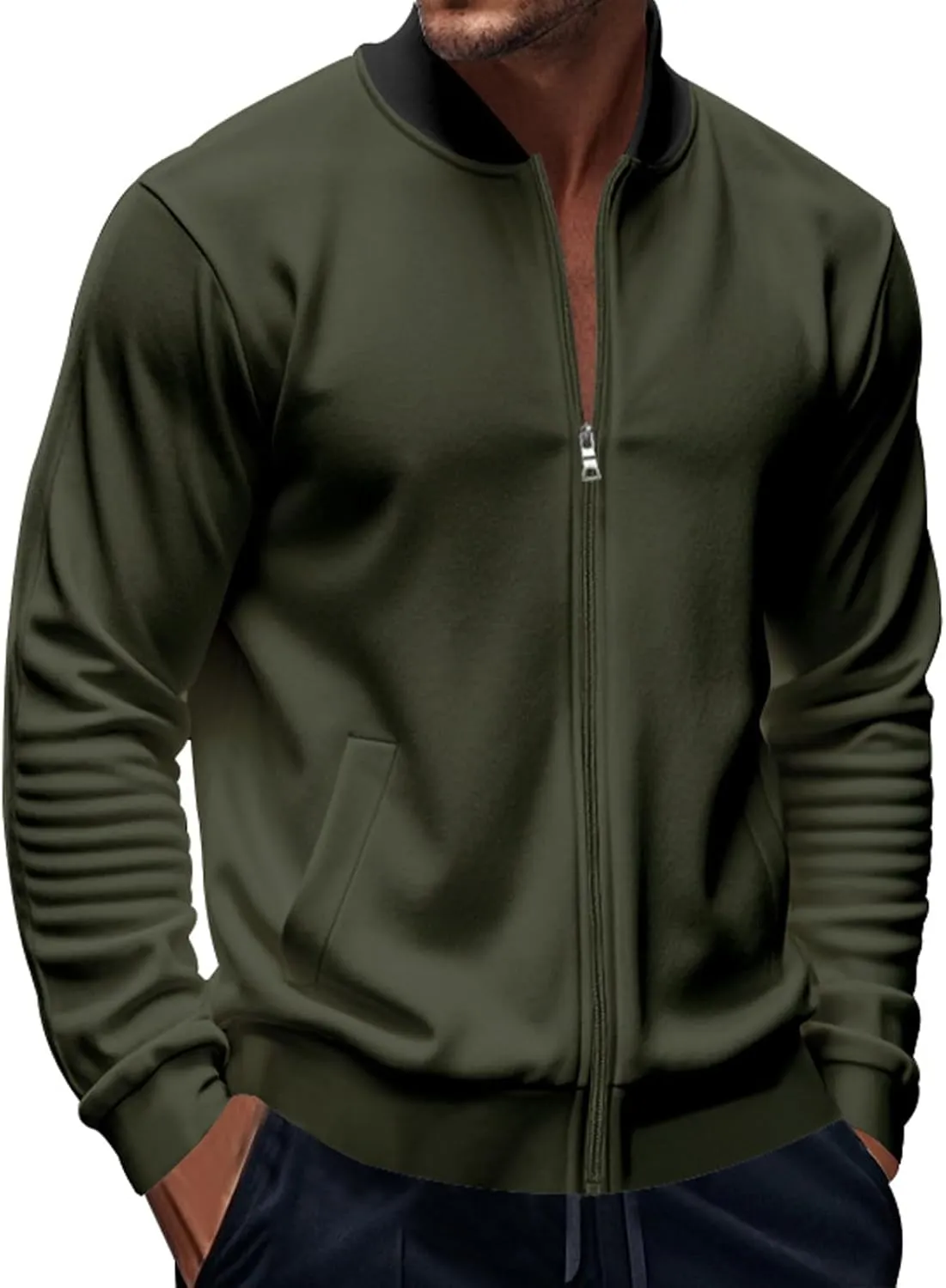 Thatrich Lightweight Bomber Flight Jacket for Men Stand Collar Zip Up Jacket Slim Fit Windbreaker Cozy Fall Casual Outerwear