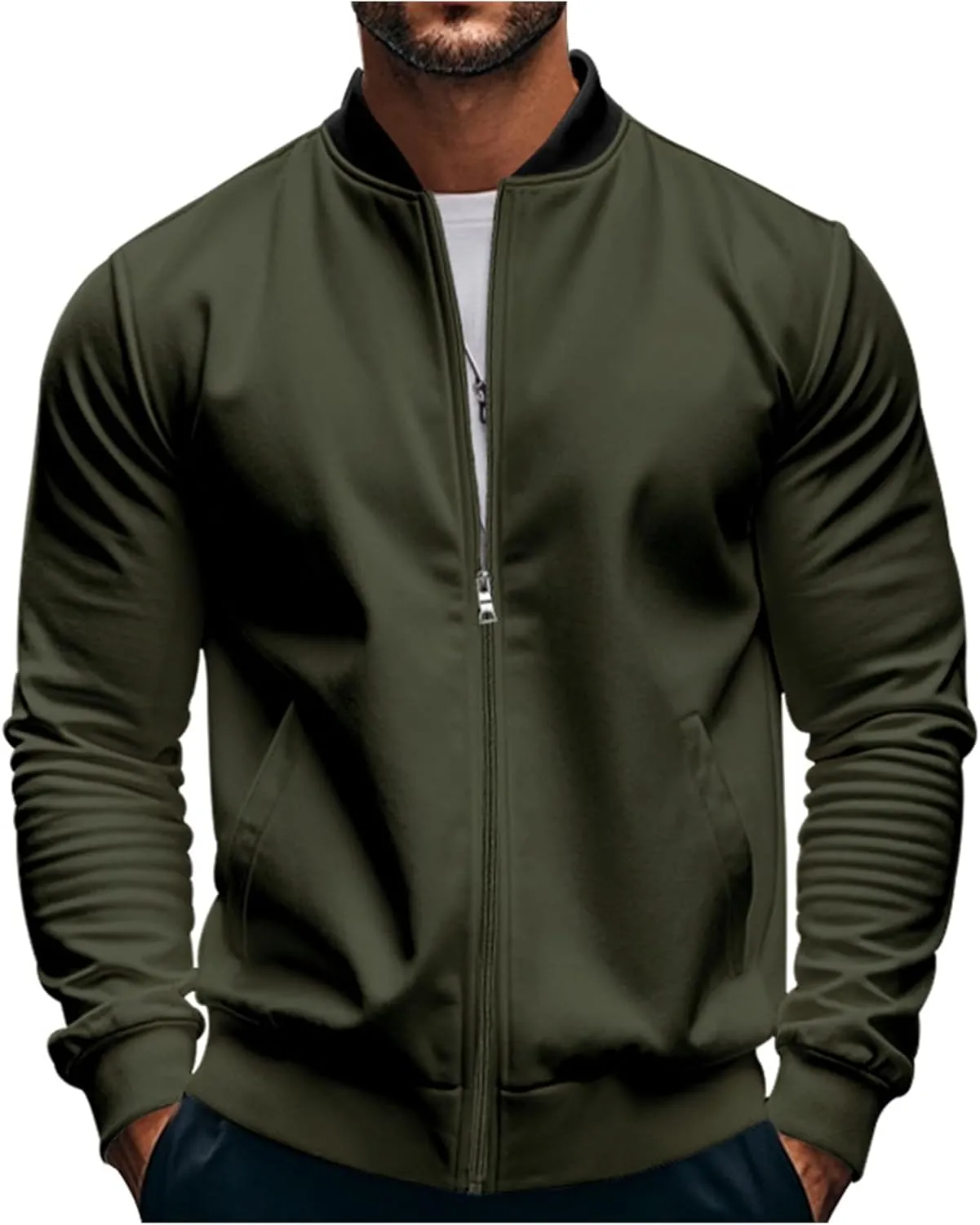 Thatrich Lightweight Bomber Flight Jacket for Men Stand Collar Zip Up Jacket Slim Fit Windbreaker Cozy Fall Casual Outerwear