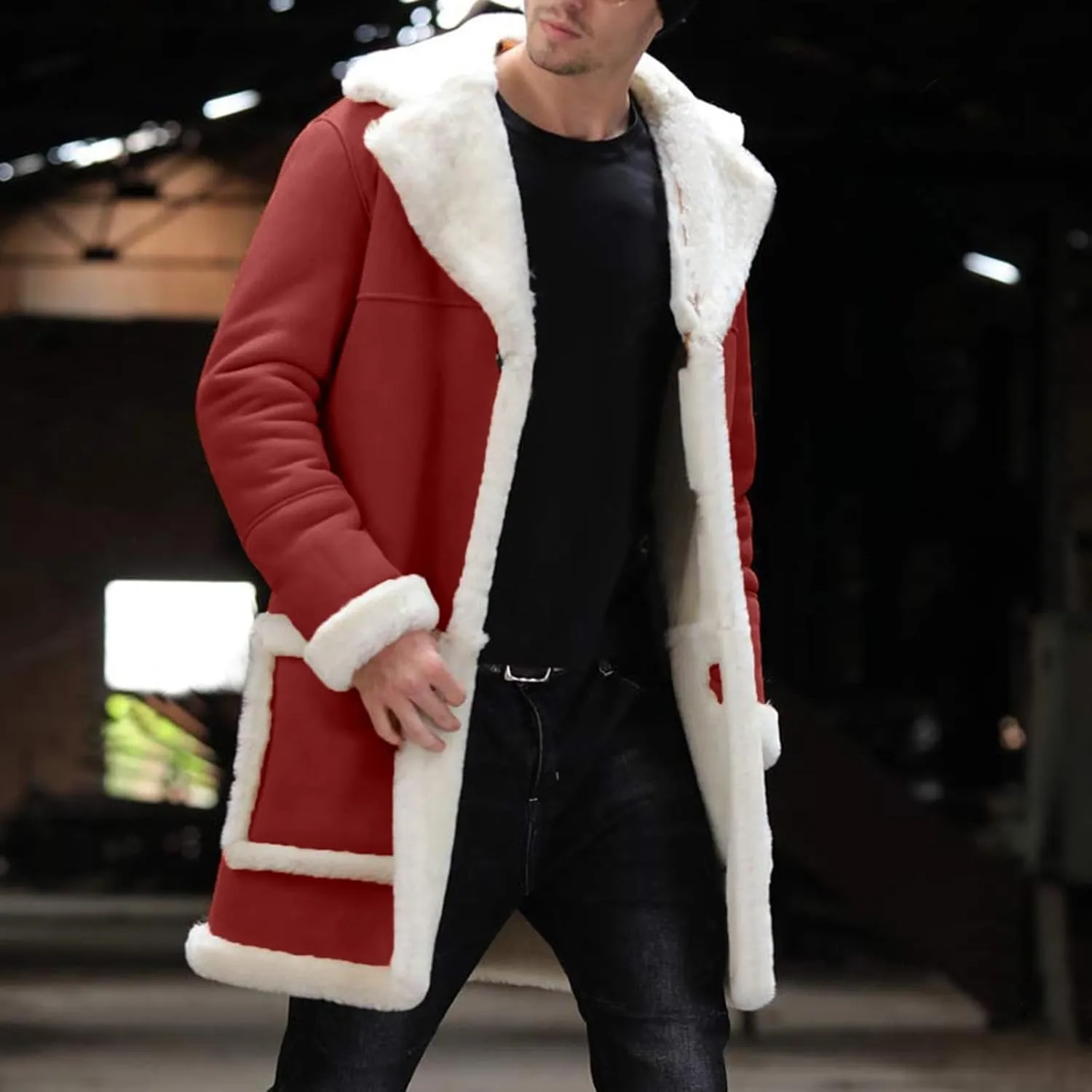 Thatrich Long Faux Fur Coat Men Sherpa Fleece Lined Jacket Warm Winter Coats Long Sleeve Shacket Jacket Cardigan Coat Outwear