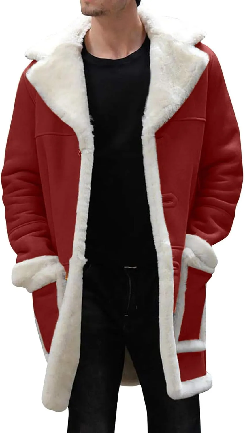 Thatrich Long Faux Fur Coat Men Sherpa Fleece Lined Jacket Warm Winter Coats Long Sleeve Shacket Jacket Cardigan Coat Outwear