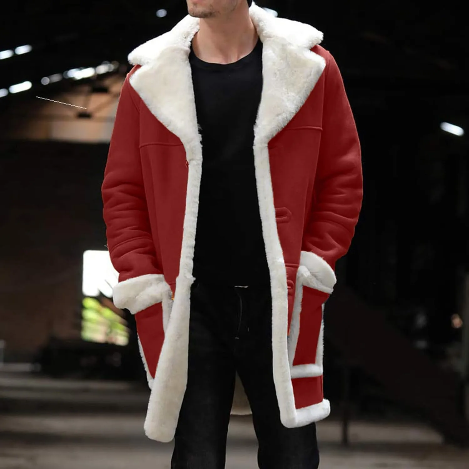 Thatrich Long Faux Fur Coat Men Sherpa Fleece Lined Jacket Warm Winter Coats Long Sleeve Shacket Jacket Cardigan Coat Outwear