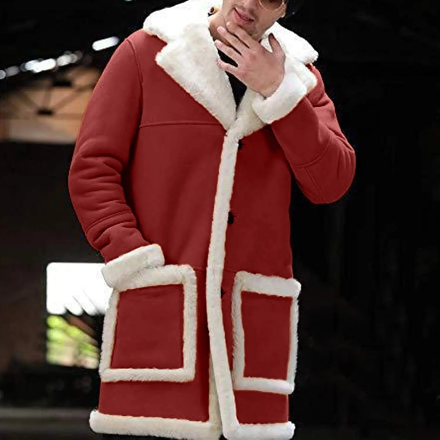 Thatrich Long Faux Fur Coat Men Sherpa Fleece Lined Jacket Warm Winter Coats Long Sleeve Shacket Jacket Cardigan Coat Outwear