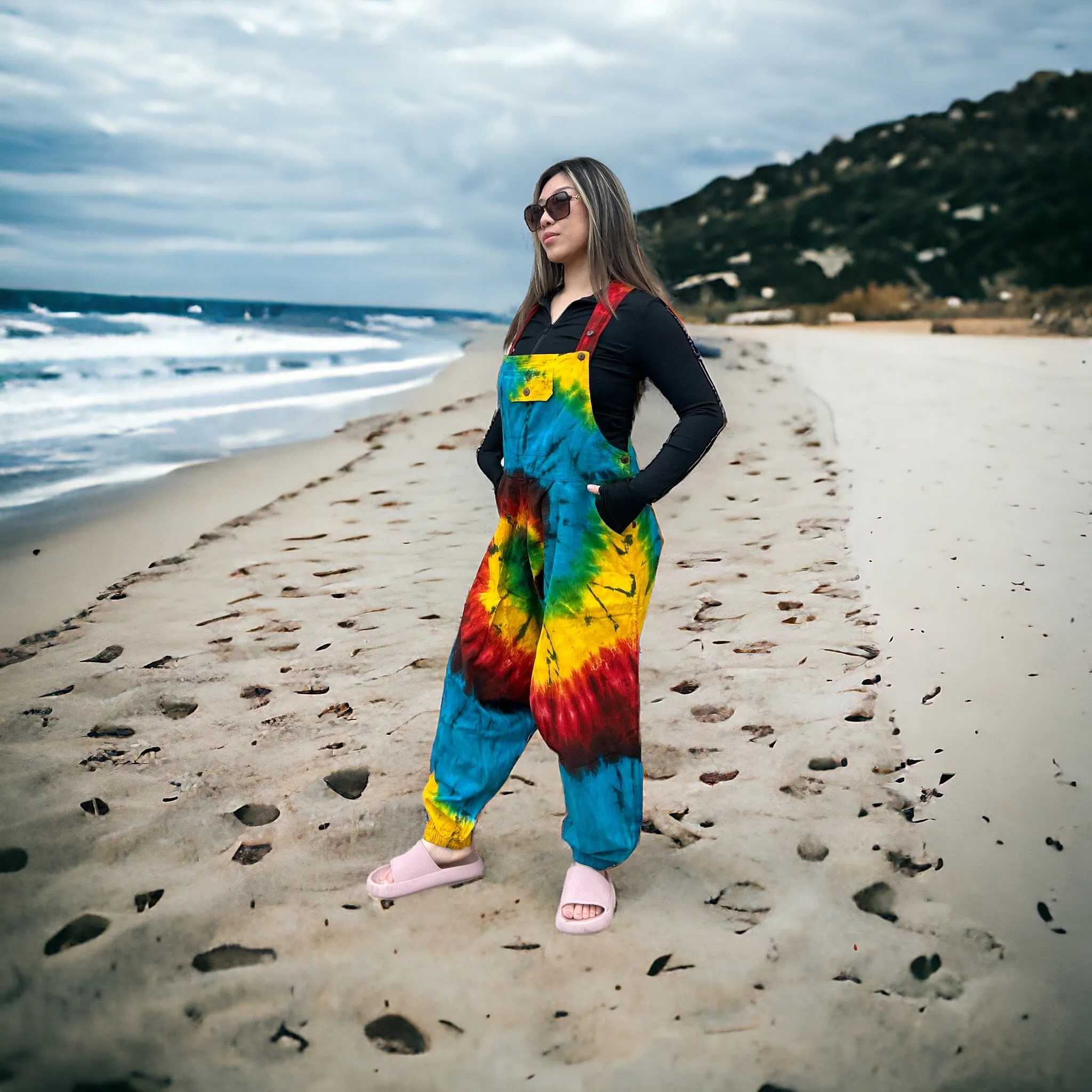 Tie Dye Cotton Drop Crotch Harem Overalls