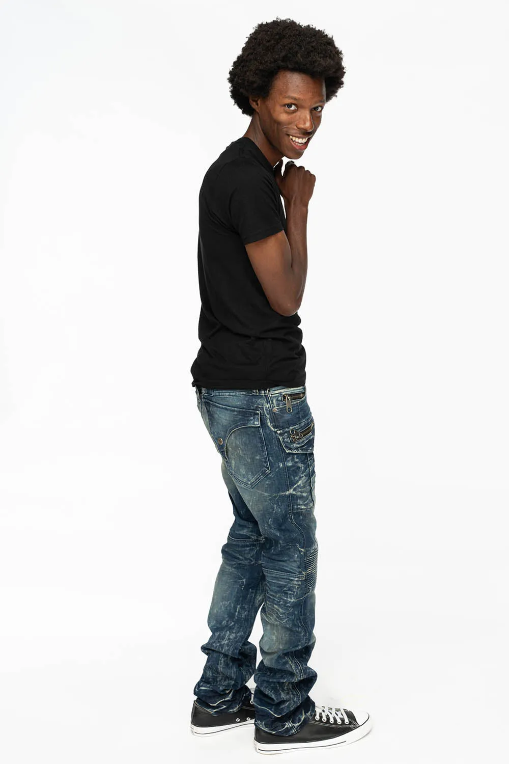 TINTIN DOUBLE CARGO POCKET BIKER JEANS WITH FLAP BACK POCKET IN DARK BLUE WASH