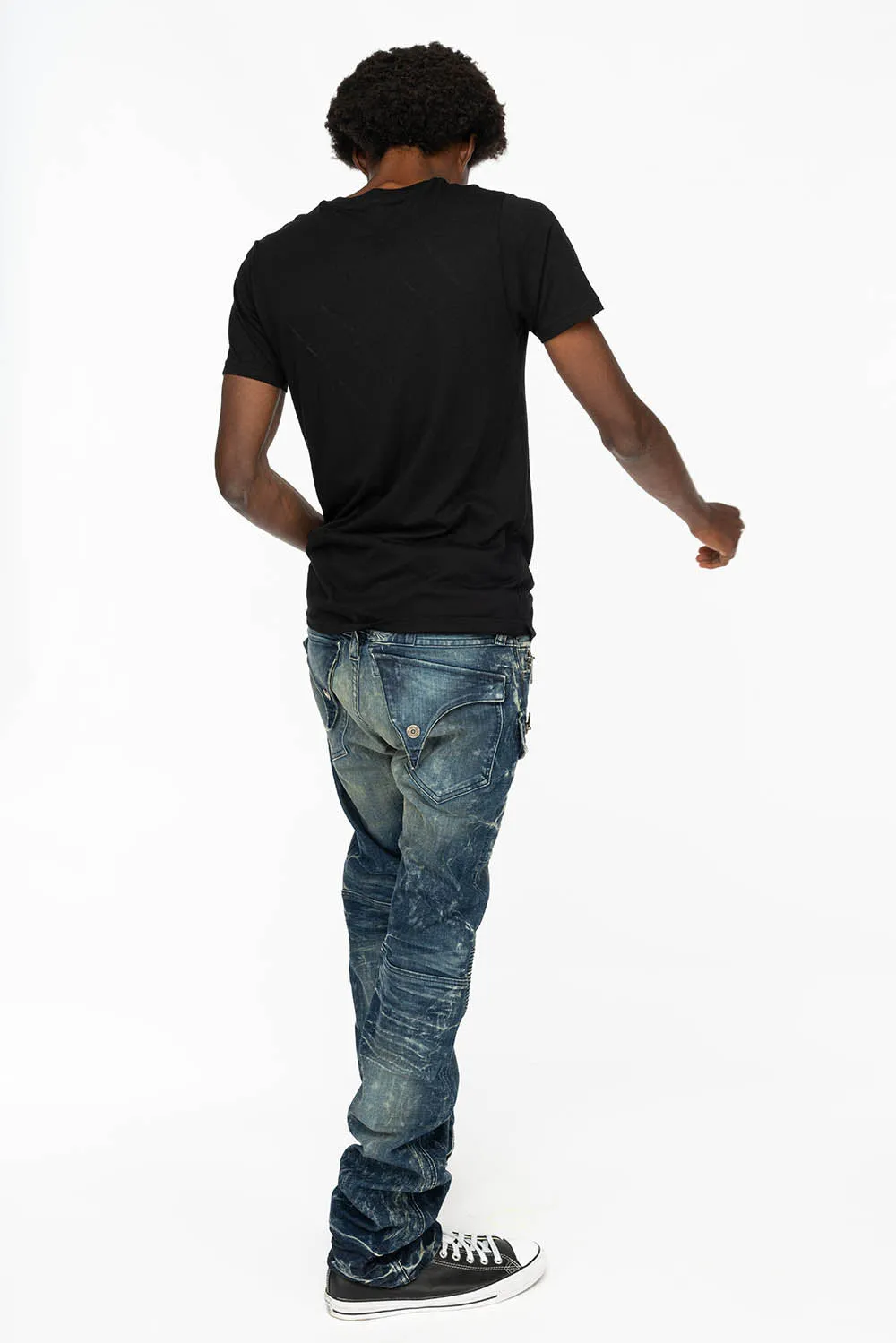 TINTIN DOUBLE CARGO POCKET BIKER JEANS WITH FLAP BACK POCKET IN DARK BLUE WASH