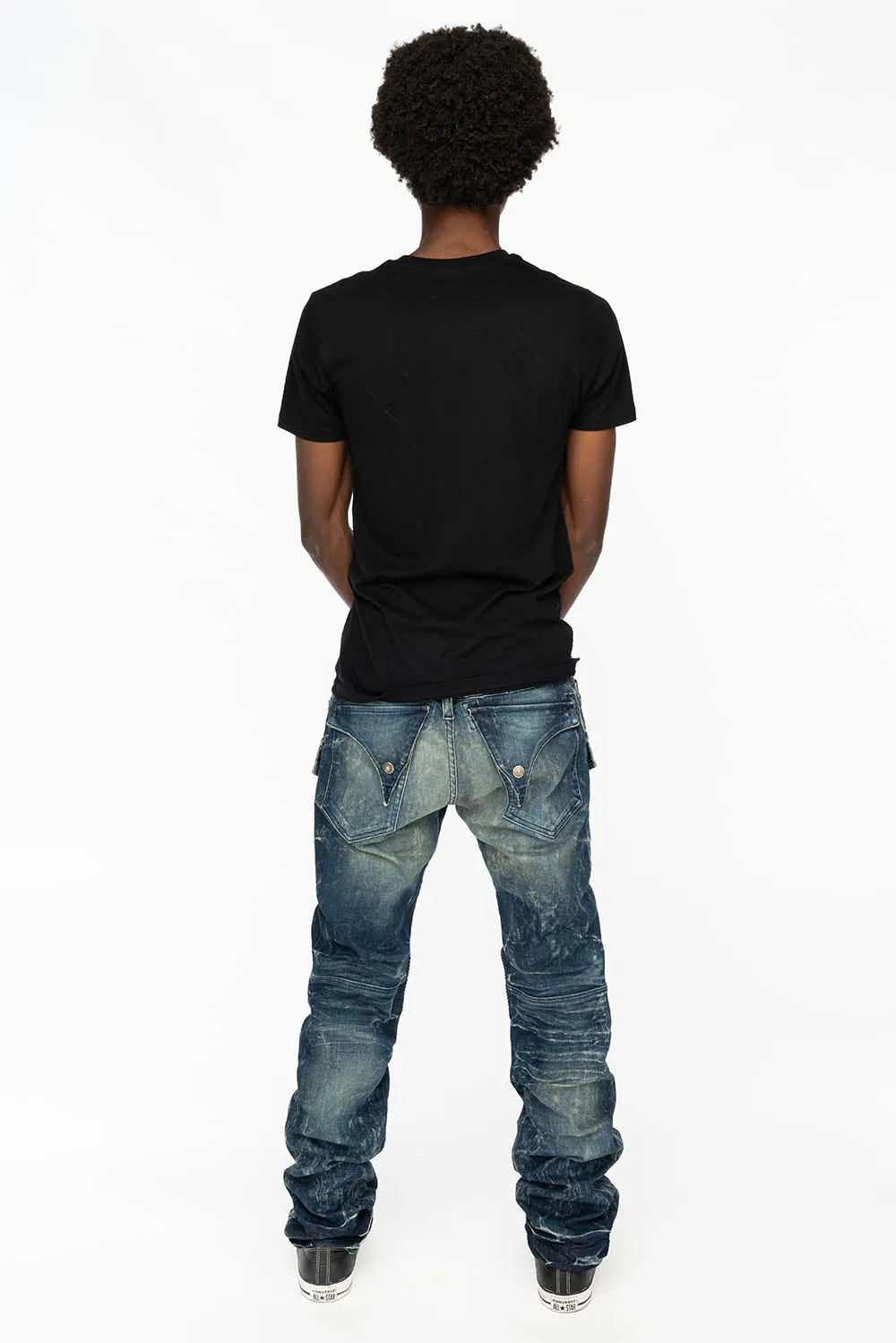 TINTIN DOUBLE CARGO POCKET BIKER JEANS WITH FLAP BACK POCKET IN DARK BLUE WASH