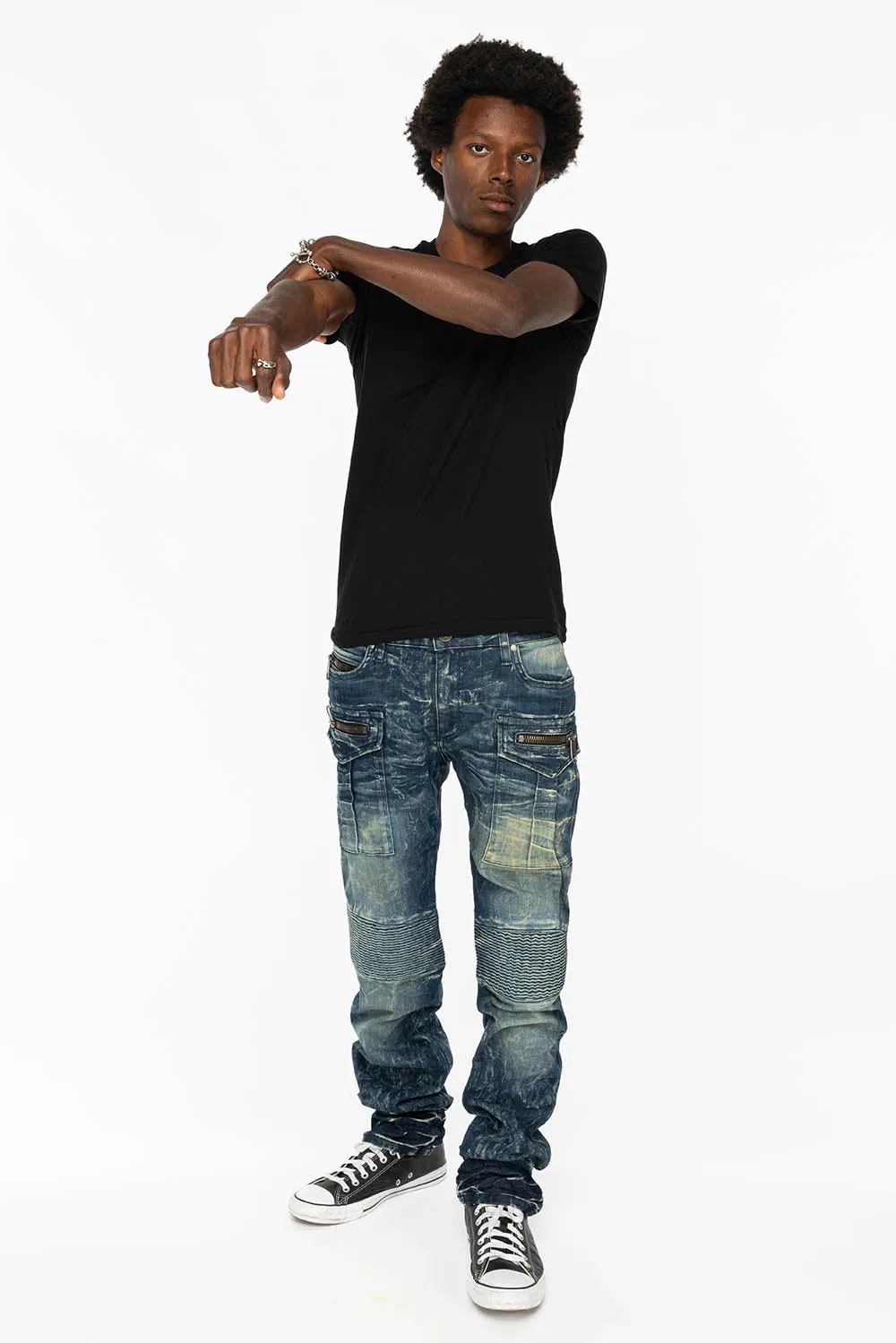 TINTIN DOUBLE CARGO POCKET BIKER JEANS WITH FLAP BACK POCKET IN DARK BLUE WASH