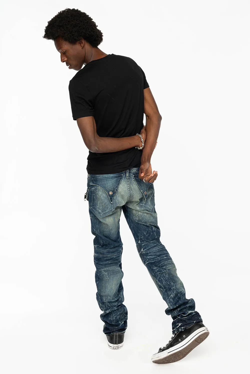 TINTIN DOUBLE CARGO POCKET BIKER JEANS WITH FLAP BACK POCKET IN DARK BLUE WASH