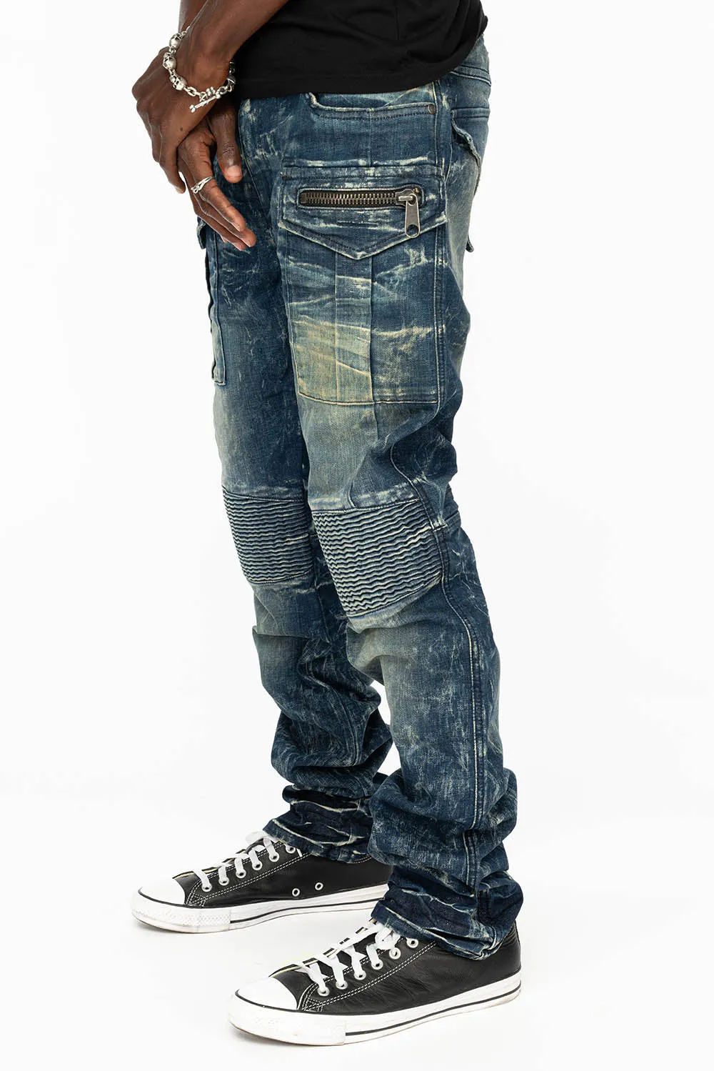 TINTIN DOUBLE CARGO POCKET BIKER JEANS WITH FLAP BACK POCKET IN DARK BLUE WASH