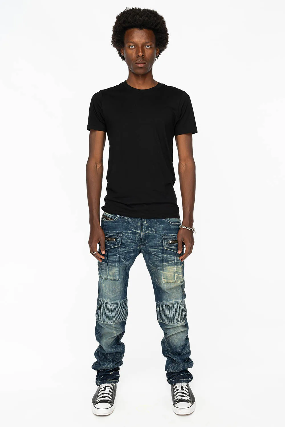 TINTIN DOUBLE CARGO POCKET BIKER JEANS WITH FLAP BACK POCKET IN DARK BLUE WASH