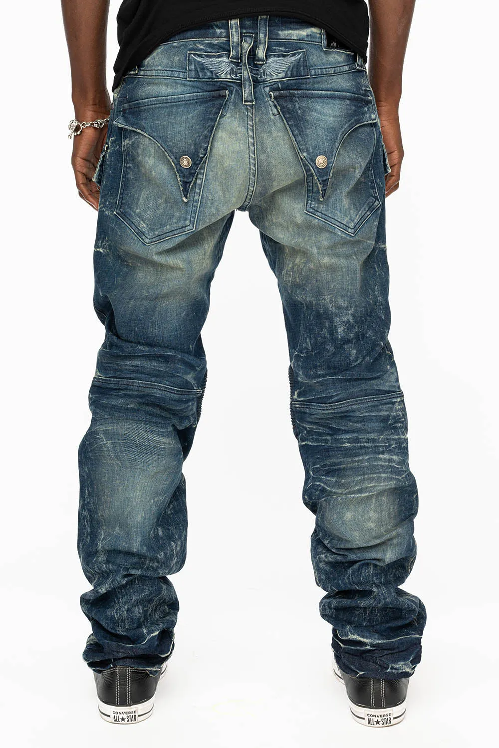 TINTIN DOUBLE CARGO POCKET BIKER JEANS WITH FLAP BACK POCKET IN DARK BLUE WASH