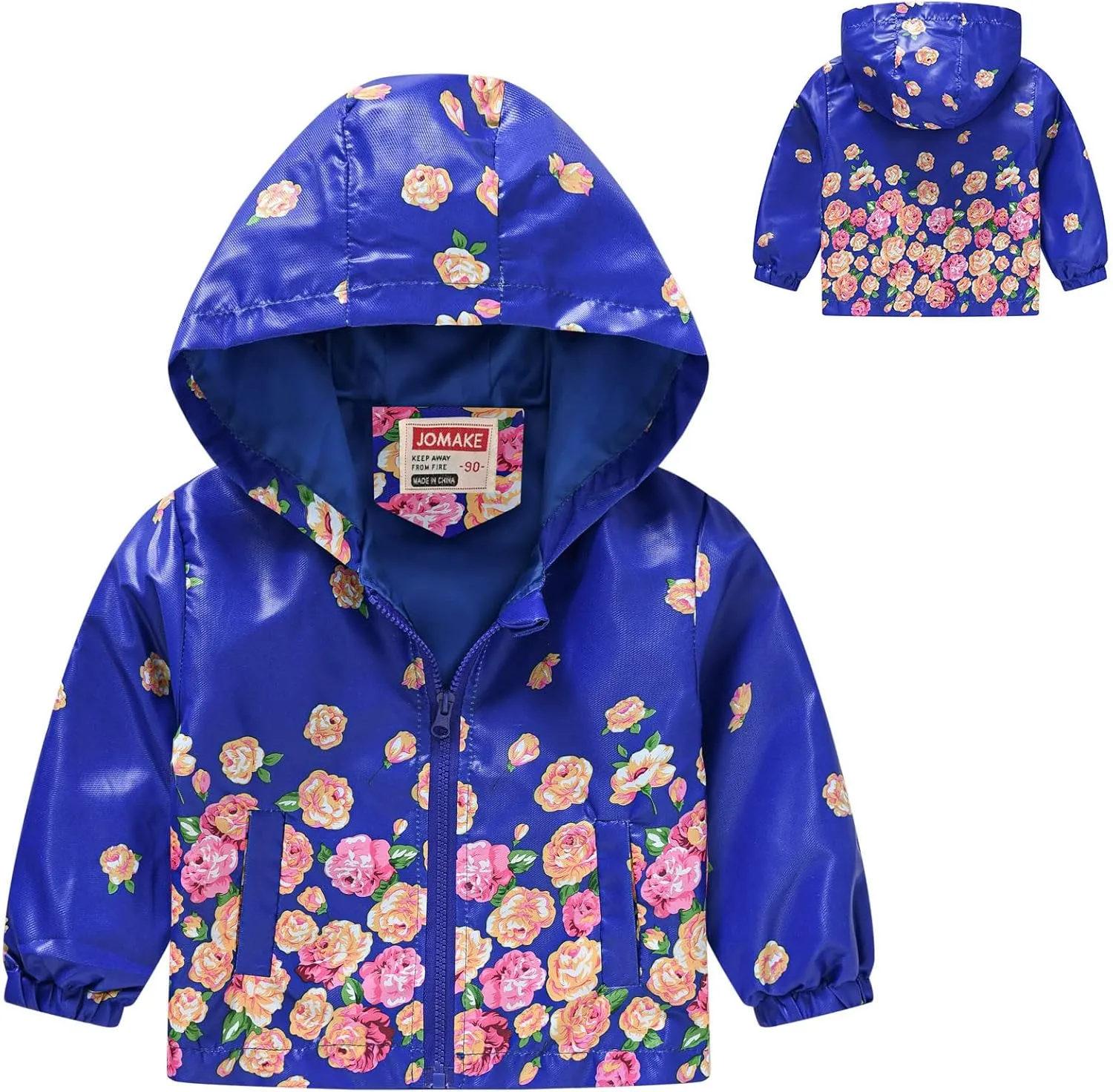Toddler Boys Girls Floral Print Zip Jacket Hooded Trench Lightweight Kids Rain Coats Windbreaker Casual Outerwear