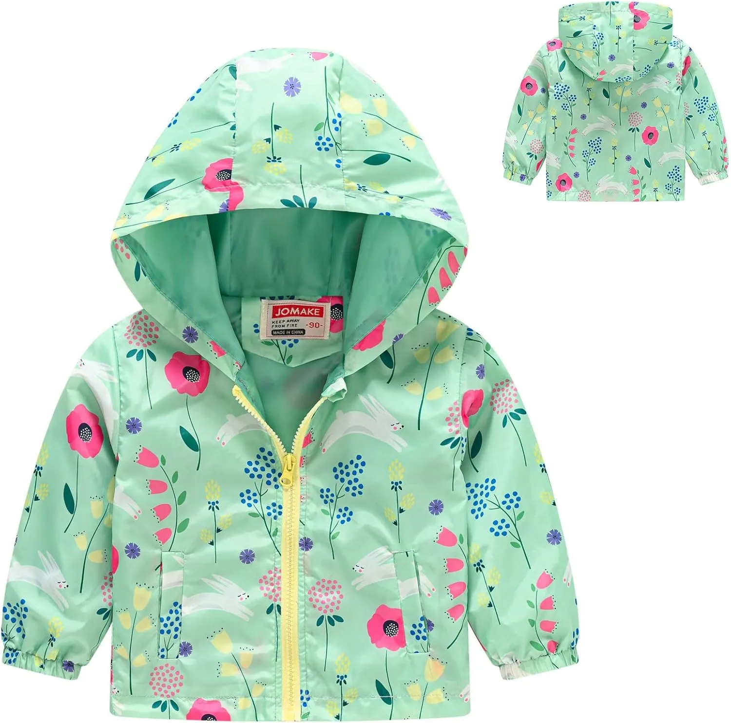 Toddler Boys Girls Floral Print Zip Jacket Hooded Trench Lightweight Kids Rain Coats Windbreaker Casual Outerwear