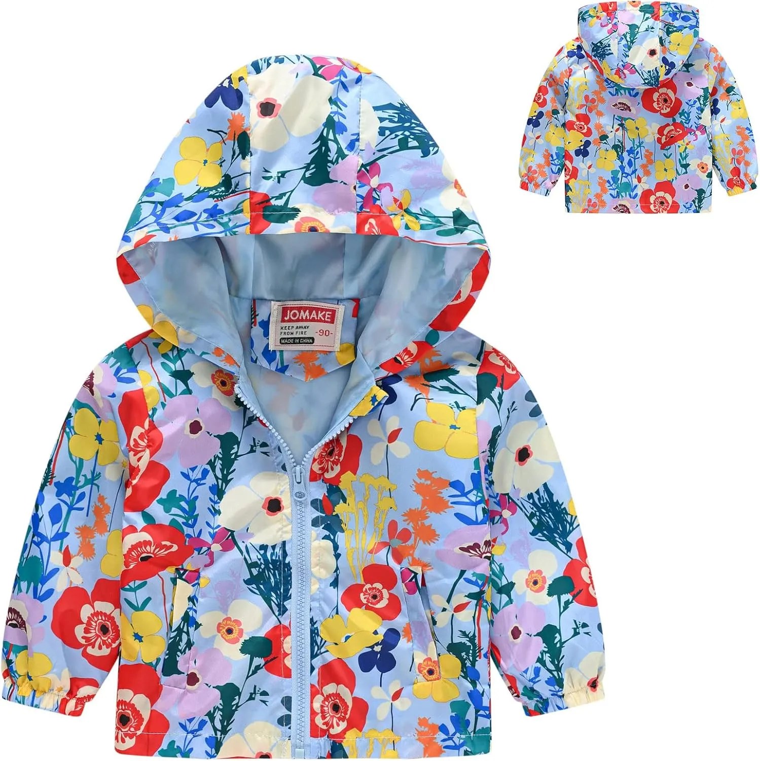 Toddler Boys Girls Floral Print Zip Jacket Hooded Trench Lightweight Kids Rain Coats Windbreaker Casual Outerwear