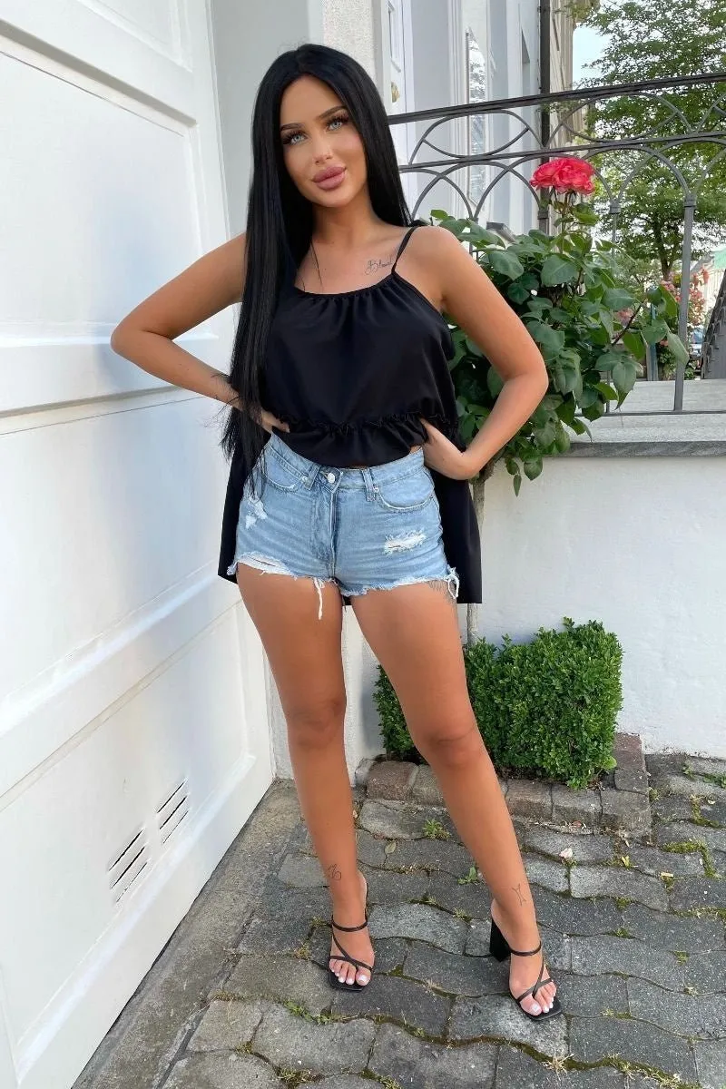 Totally Distressed Light Blue Raw Hem Denim Shorts