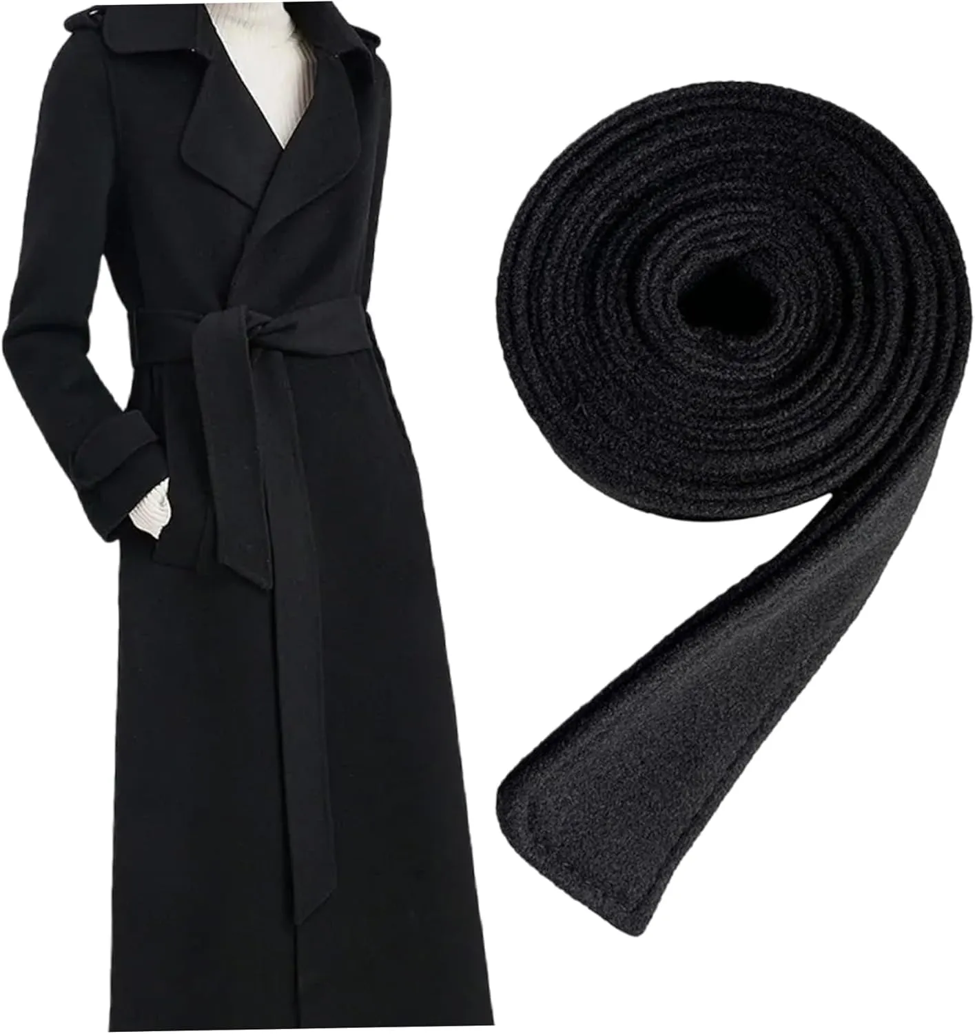 Trench Coat Belt Replacement, 69" Long Woolen Overcoat Belt, Decorative Buckle Robe Alternative, Black Outerwear for Adults Trench Coat
