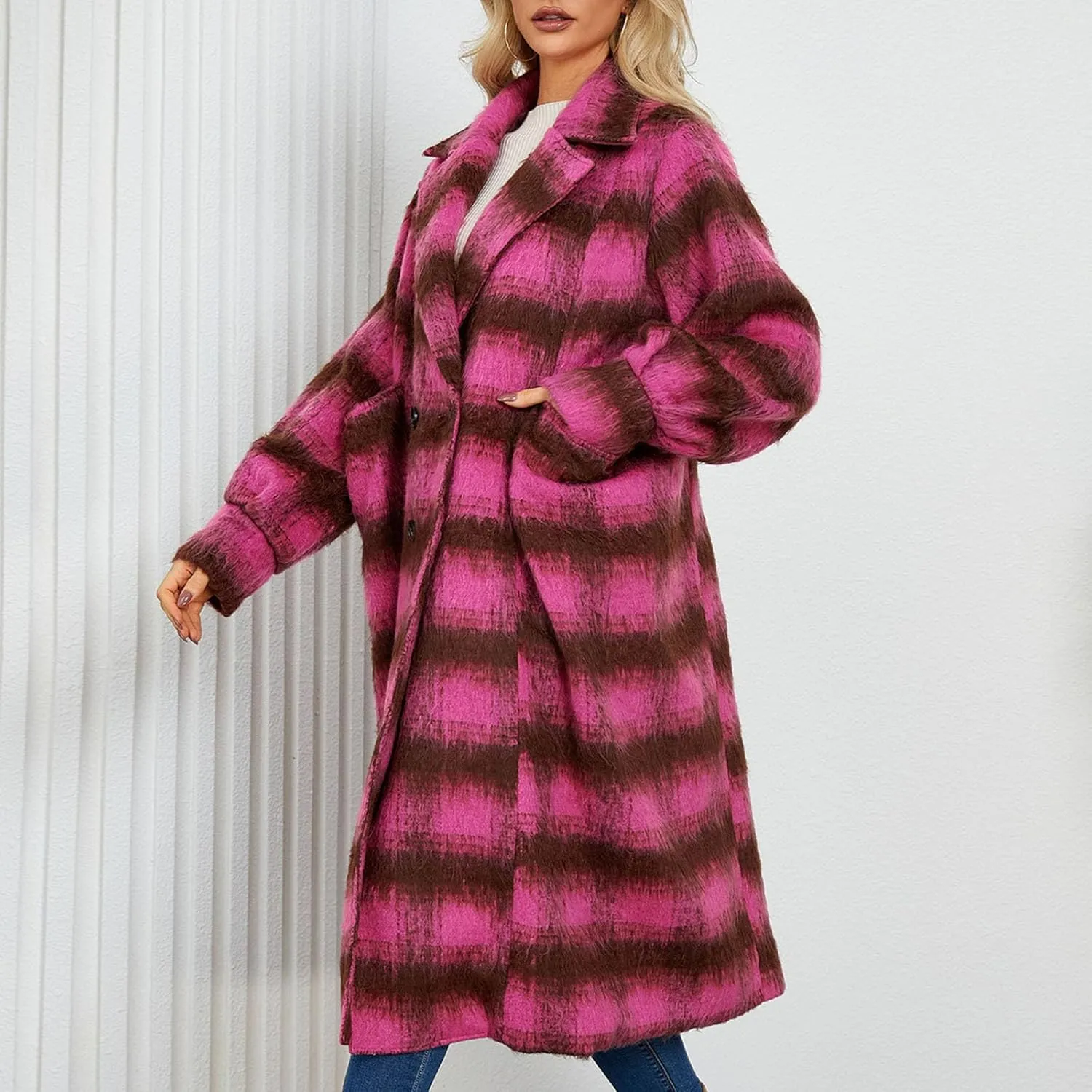 Trench Coat for Women 2024 Double Breasted Plaid Coat Wool Blend Pea Coat Vintage Trench Coat Fall Winter Outfits
