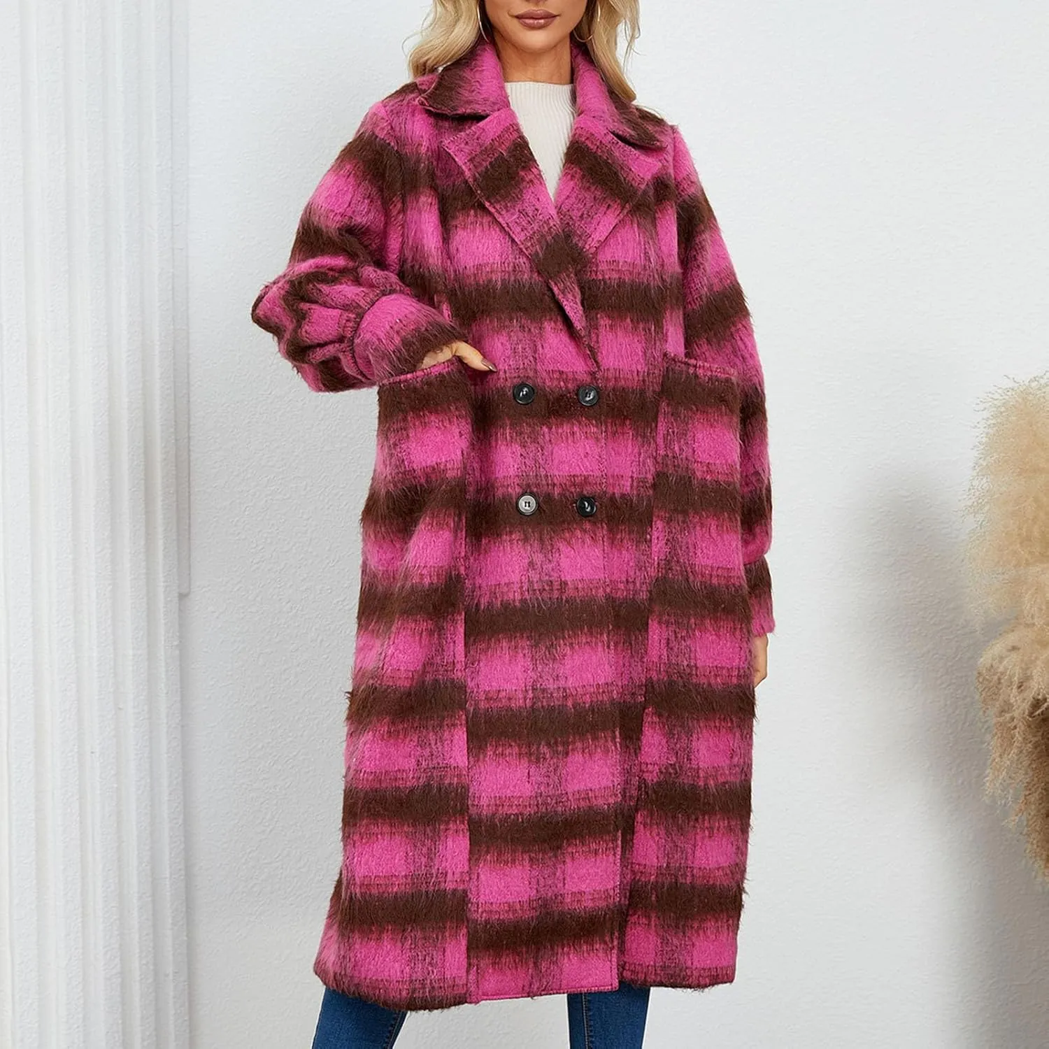 Trench Coat for Women 2024 Double Breasted Plaid Coat Wool Blend Pea Coat Vintage Trench Coat Fall Winter Outfits