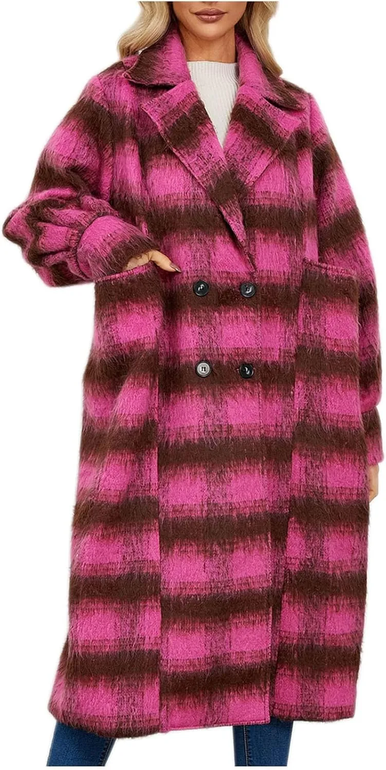 Trench Coat for Women 2024 Double Breasted Plaid Coat Wool Blend Pea Coat Vintage Trench Coat Fall Winter Outfits