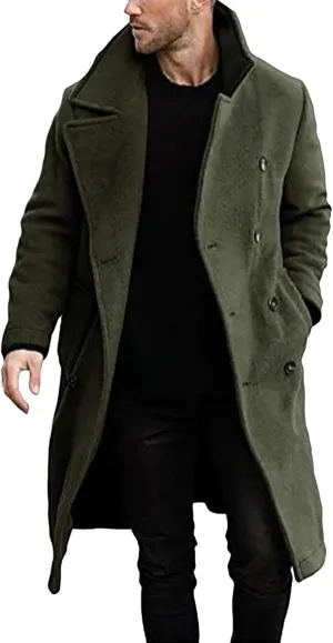 Trench Coat Slim Fit Notch Lapel Woolen Double Breasted Extended Coat Long Trench Coat Casual Blend Trench Coat