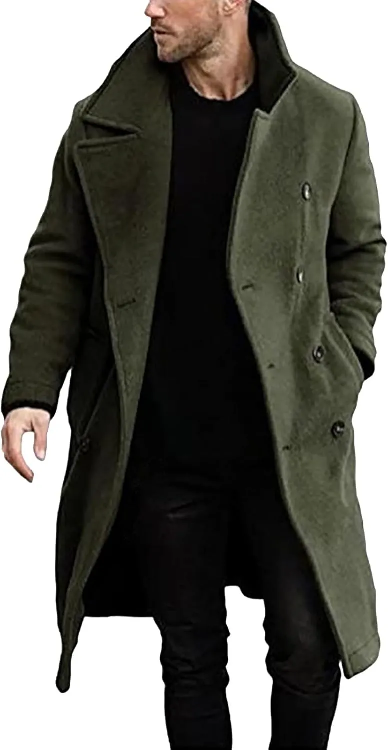Trench Coat Slim Fit Notch Lapel Woolen Double Breasted Extended Coat Long Trench Coat Casual Blend Trench Coat