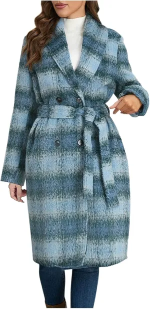 Trench Coat Women with Belt Double Breasted Plaid Coat Wool Blend Peacoat Lapel Overcoat Fashion Fall Winter Outfits
