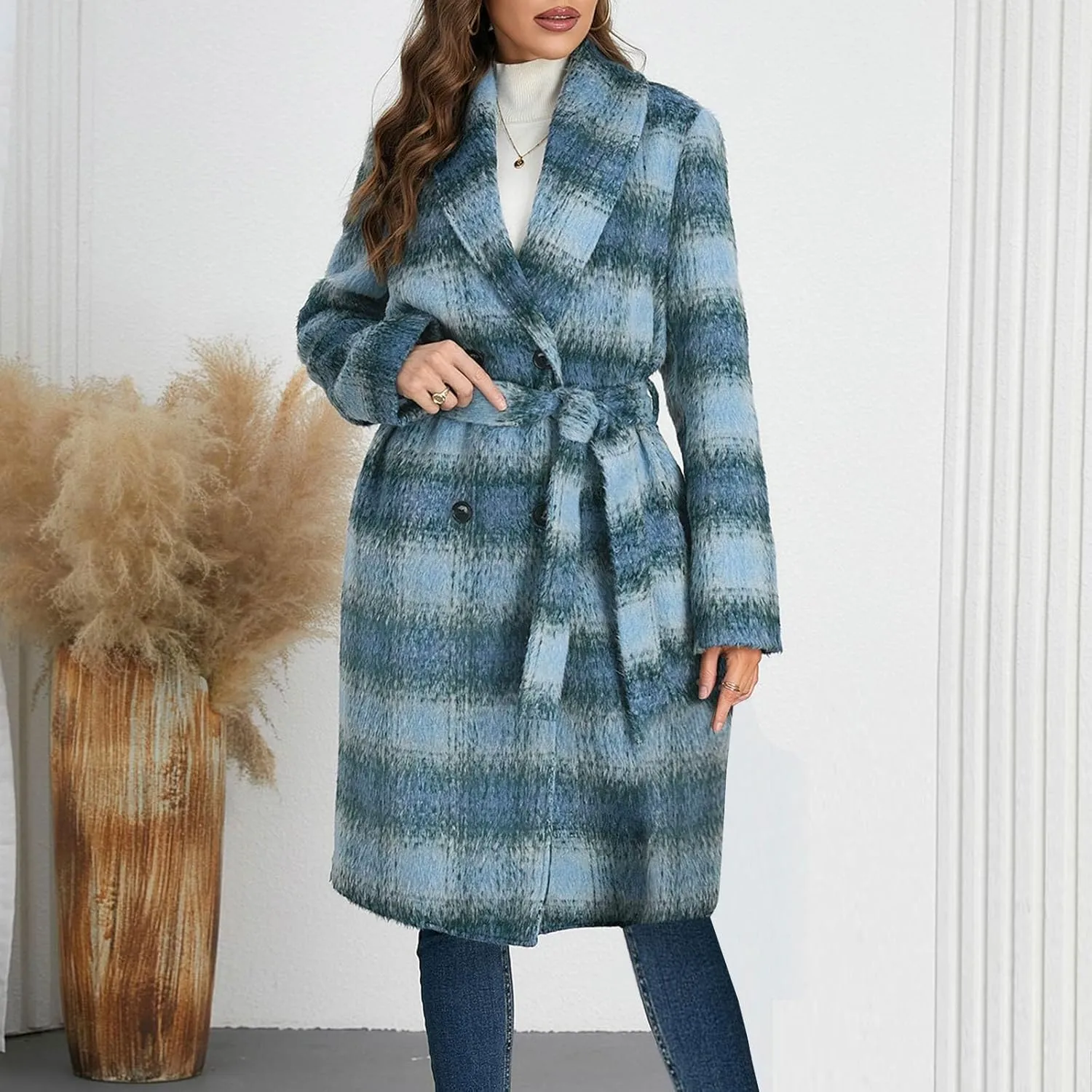 Trench Coat Women with Belt Double Breasted Plaid Coat Wool Blend Peacoat Lapel Overcoat Fashion Fall Winter Outfits