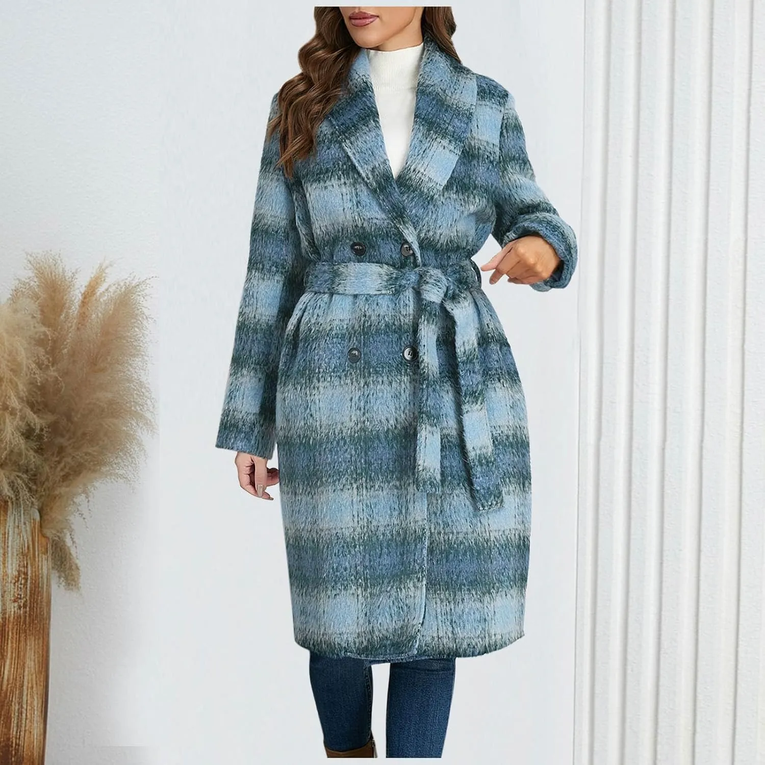 Trench Coat Women with Belt Double Breasted Plaid Coat Wool Blend Peacoat Lapel Overcoat Fashion Fall Winter Outfits