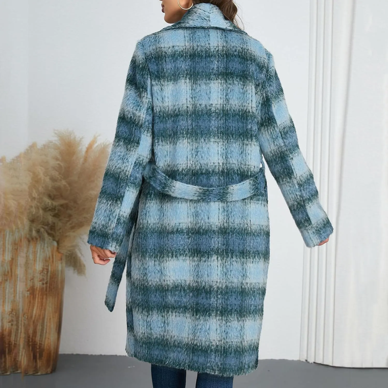 Trench Coat Women with Belt Double Breasted Plaid Coat Wool Blend Peacoat Lapel Overcoat Fashion Fall Winter Outfits