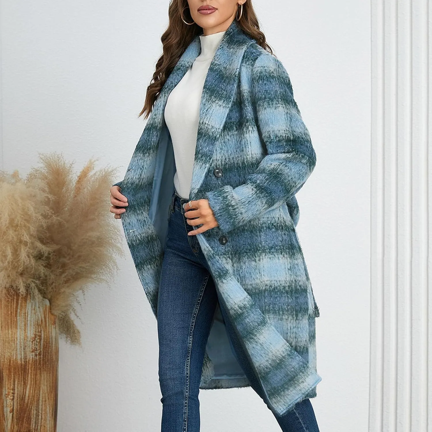 Trench Coat Women with Belt Double Breasted Plaid Coat Wool Blend Peacoat Lapel Overcoat Fashion Fall Winter Outfits