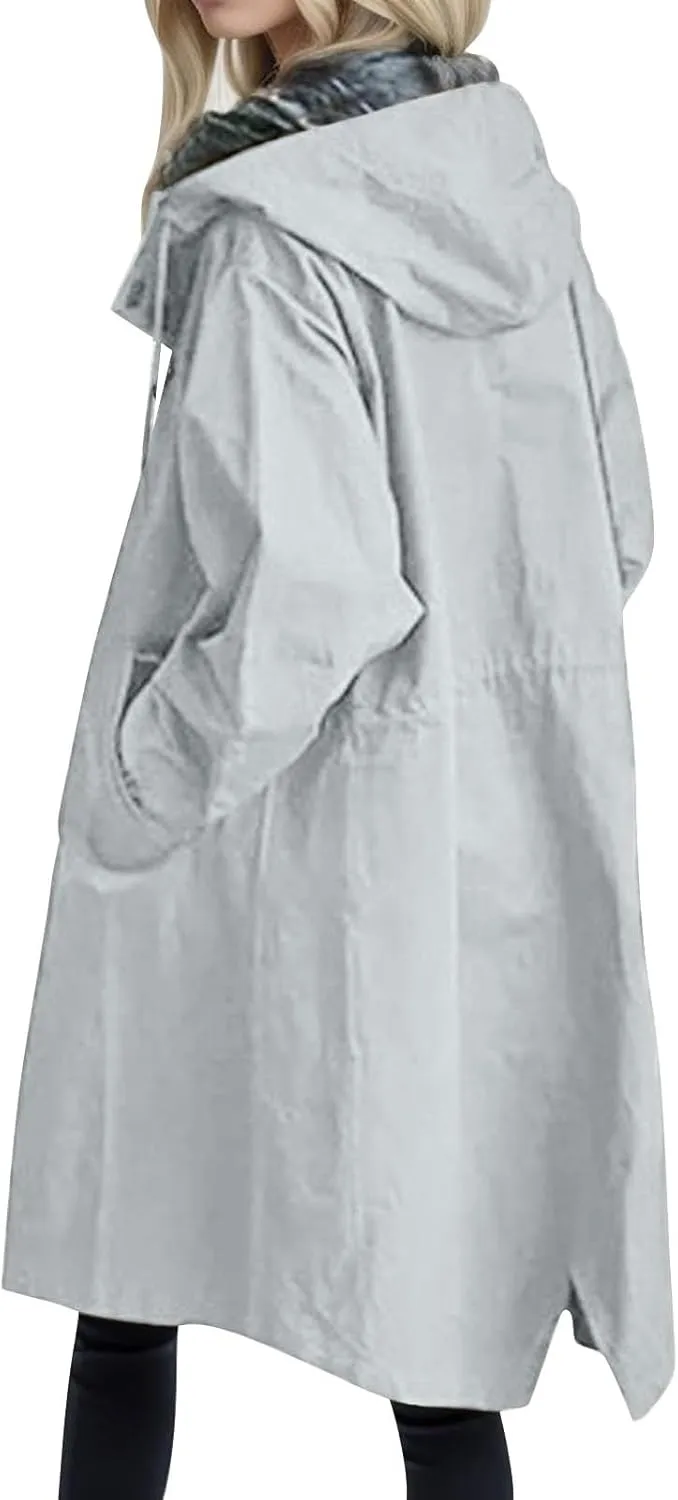 Trench Coat Women,2025 Winter Trendy Button Hooded Windbreaker Casual Loose Long Sleeve Oversized Fall Overcoat